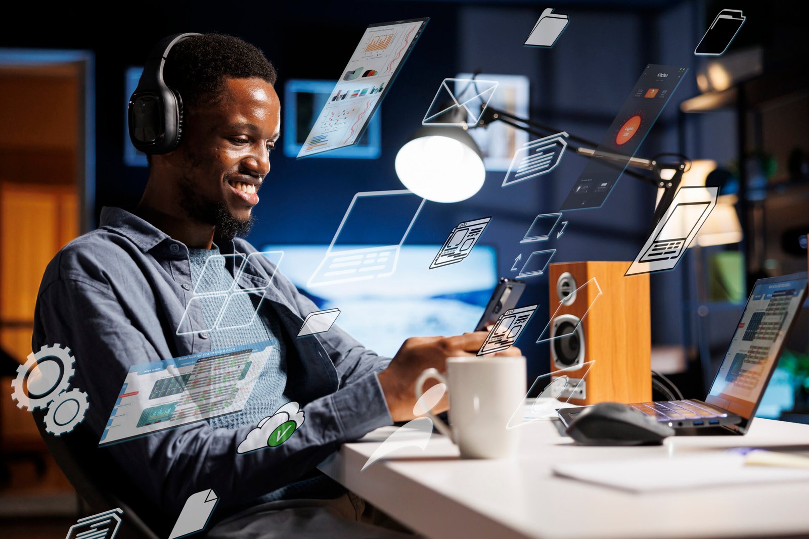 Business person using laptop multitasking to finish daily startup tasks, internet of things concept. Uses artificial intelligence optimization system for productivity, access pc smart things menu.